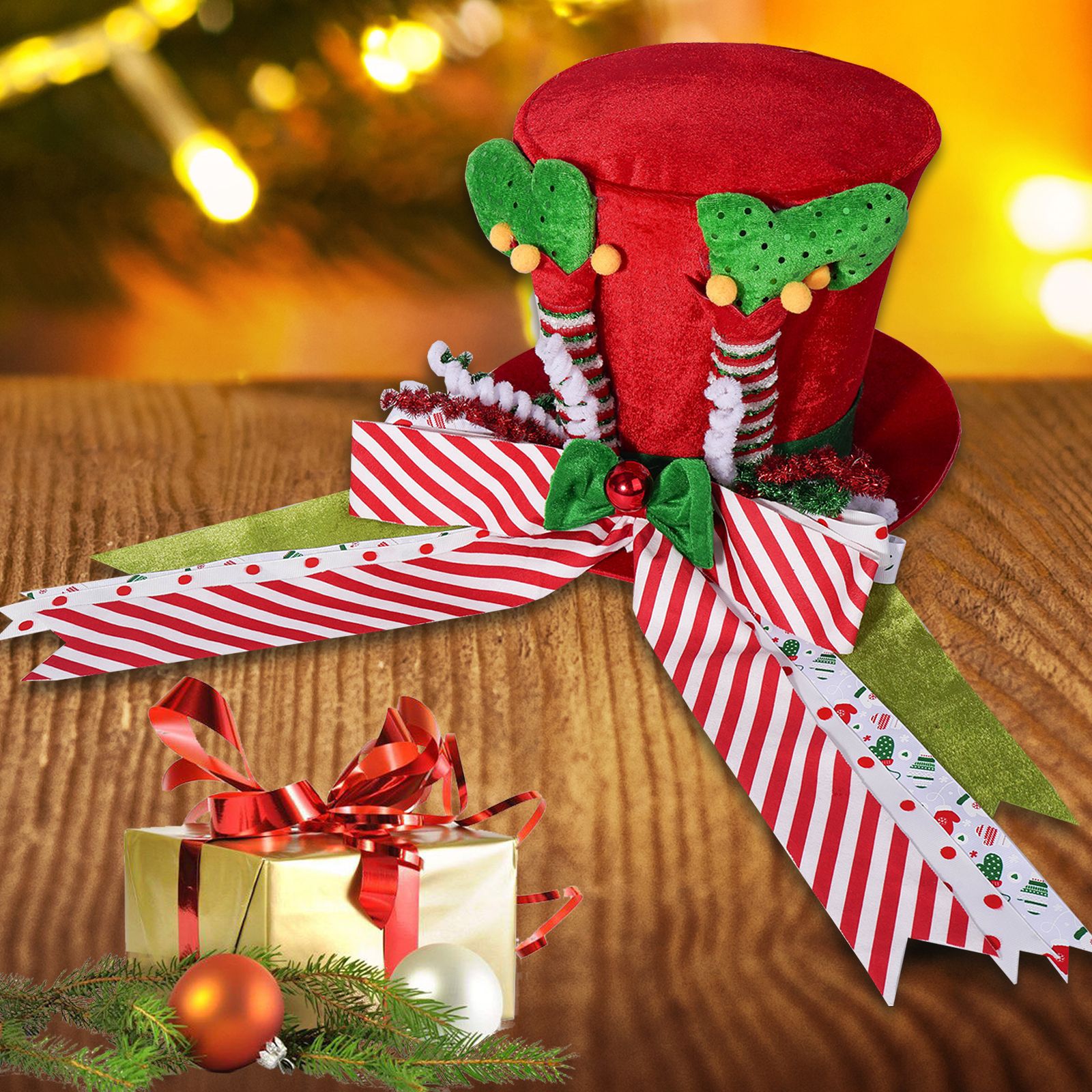 Adornos para árbol de Navidad, topper de árbol con lazo a rayas, sombrero de árbol, topper de árbol de Navidad con lentejuelas, adorno colgante