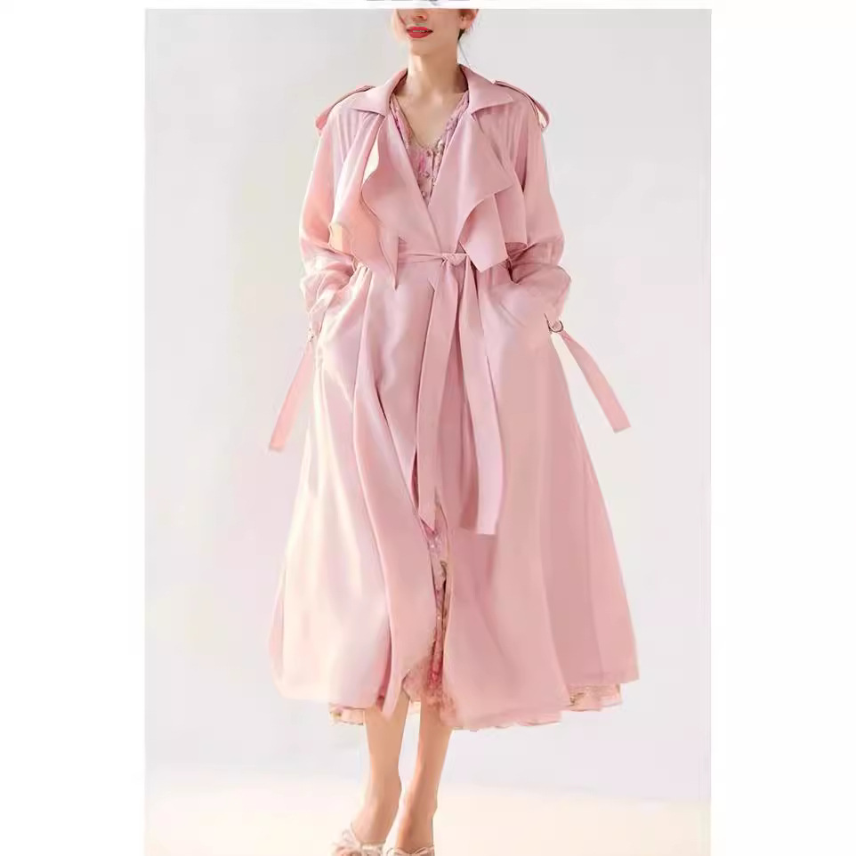Pink 2025 Autumn Clothing, High-End, Super Nice-Looking, Long Lace-Up Thin Drapey Windbreaker Jacket for Women, New Style