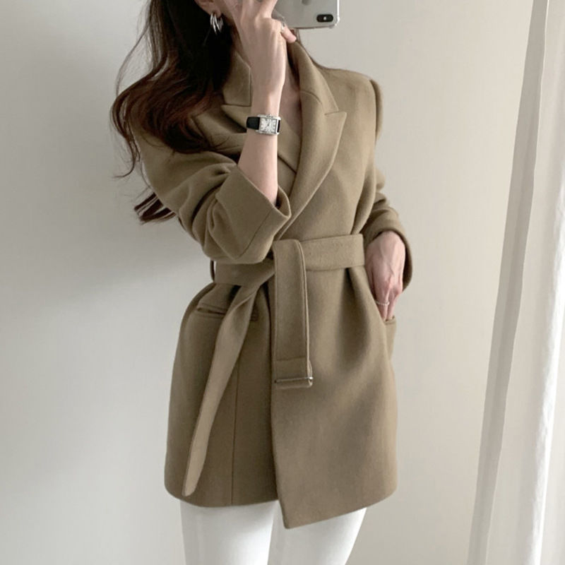 毛呢西装外套女中长款2025秋冬季新款韩版系带呢子大衣夹棉加厚款