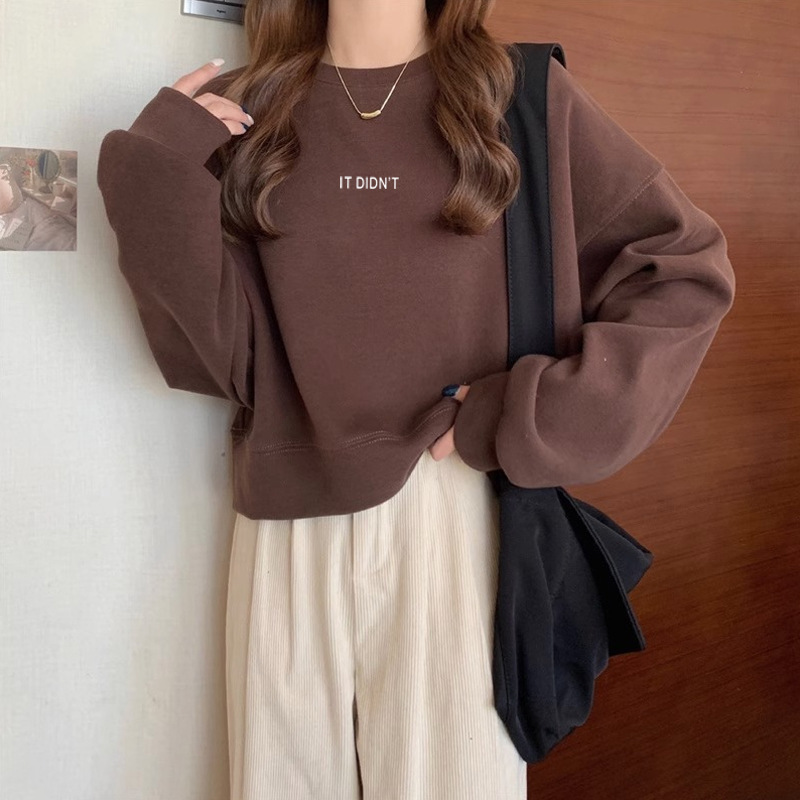 圆领套头短款卫衣女加绒加厚秋冬上衣宽松高腰显瘦小个子春秋薄款|undefined
