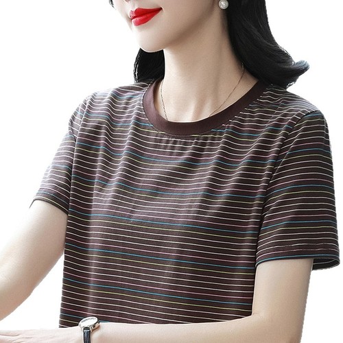 Mature Mom Pure Cotton Short Sleeve T-Shirt Women's 2025 Summer New Striped T-Shirt Loose Plus Size Abdominal Covering