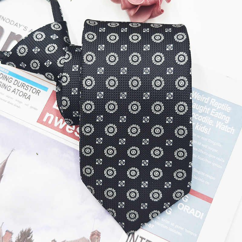 Corbata casual de negocios para hombres con cremallera 7.5cm jacquard hilo de poliéster lazo perezoso sin nudos corbata spot al por mayor