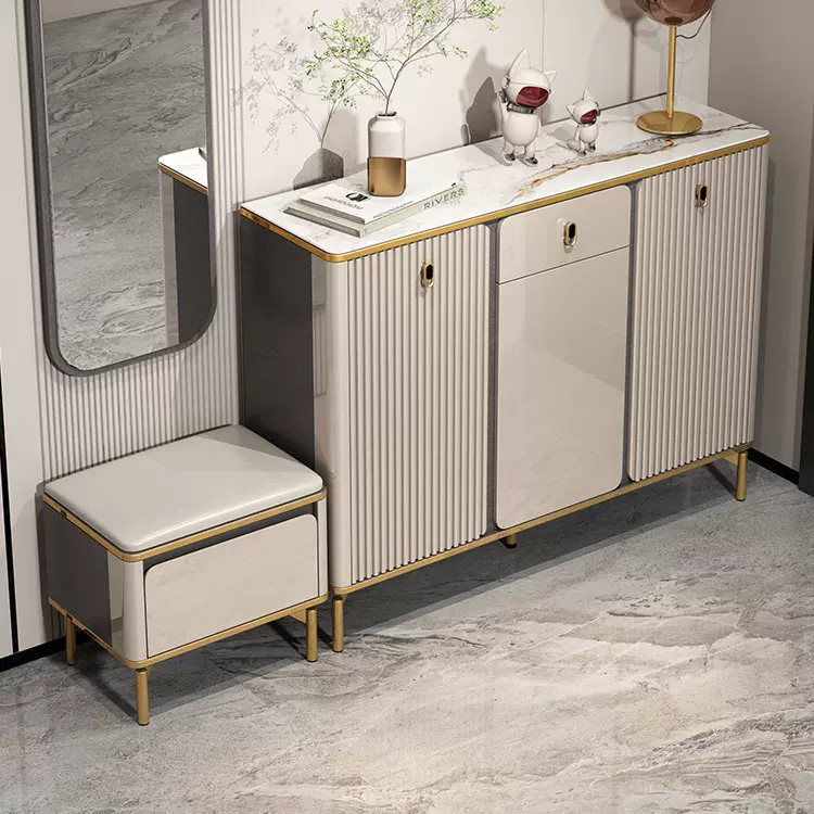 轻奢岩板鞋柜门口家用室内玄关收纳柜一体坐凳入户2025新款高级感