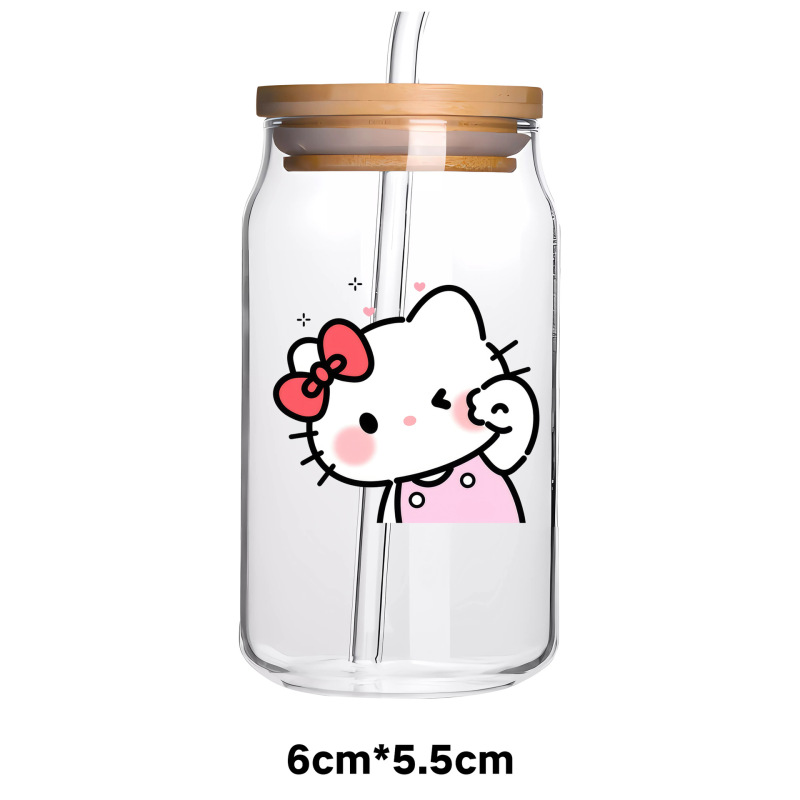 卡通UV转印贴透明水晶标可爱小猫爱心蝴蝶结玻璃杯贴防水装饰贴|undefined