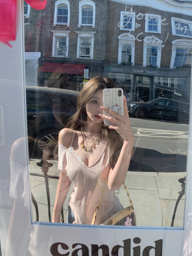 Snowflake cotton [Half-baked sweet heart] lace one-shoulder strap sexy off-shoulder V-neck short-sleeve t-shirt for women