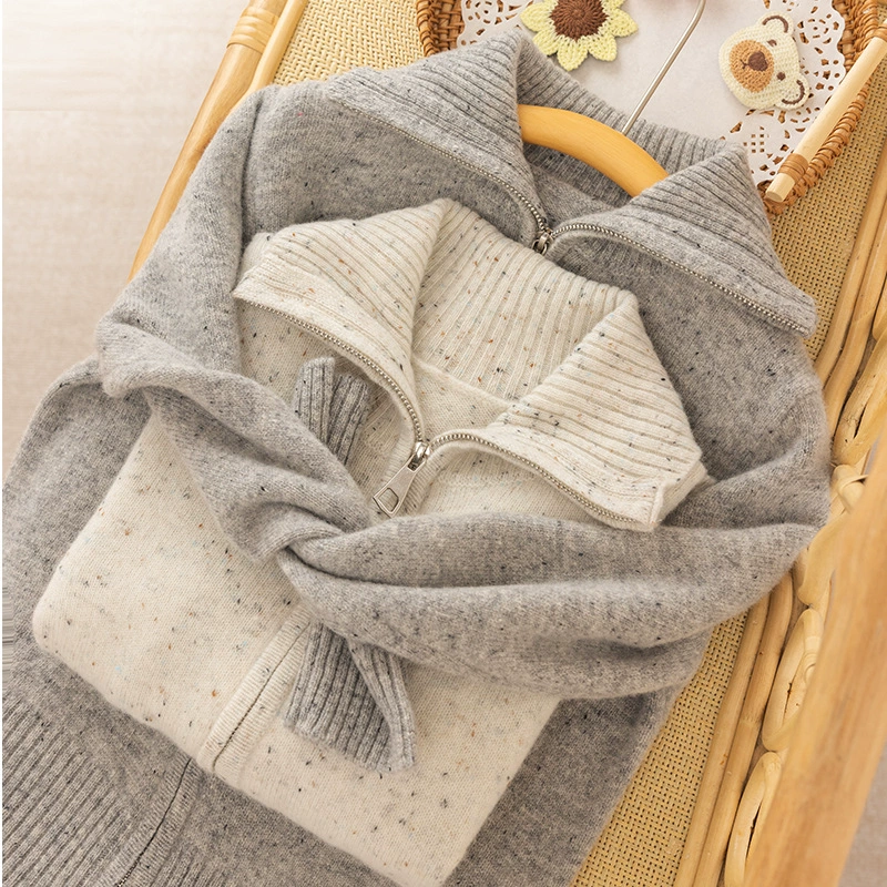 [100% шерсть] Мальчик с высоким воротником, детский шерстяной свитер, белый перо, толстый кардиган на молнии