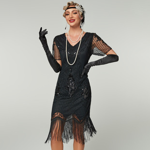 Gatsby Dress New Hand-Embroidered Beaded Sequin Skirt European and American Banquet Dress V Neck Short-Sleeved Dress