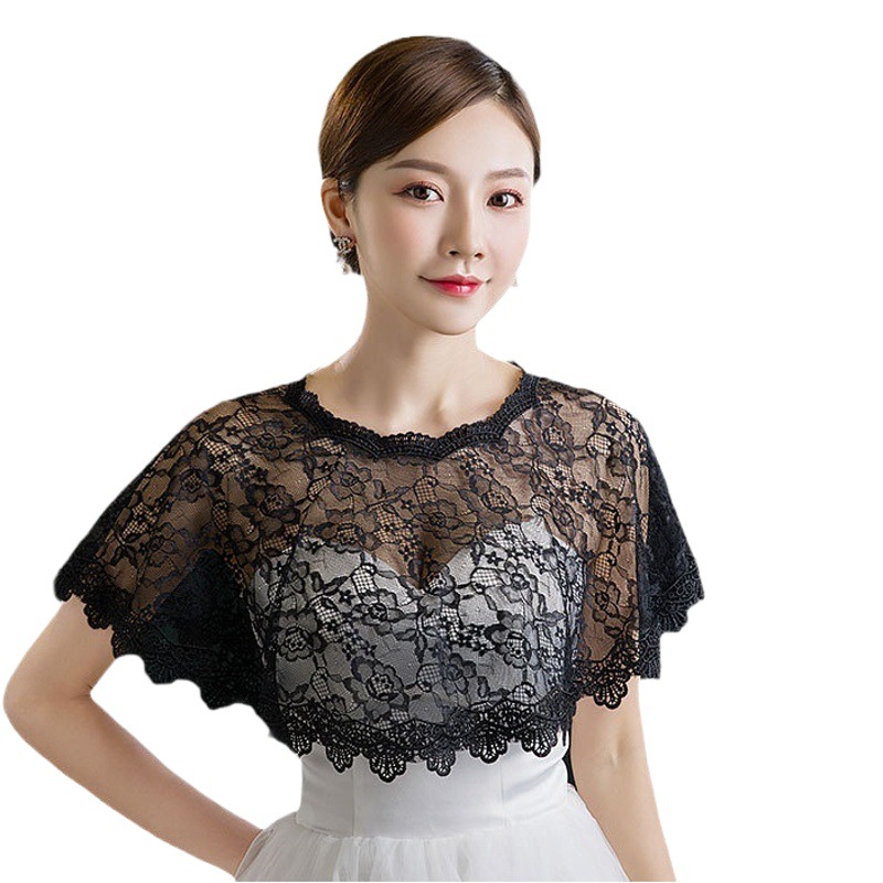 2020 Bride Shawl Wedding Bridesmaid Covering Arm Wedding Dress Black Cloak Spring and Autumn Lace Thin Spring and Summer