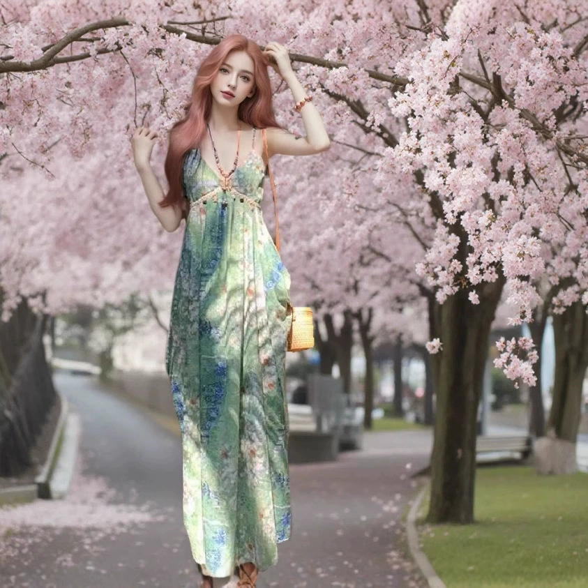 Пляжное платье в тайском стиле 2025 года, с V-образным вырезом, бретелями, высокой талией, утягивающее, скрывающее живот, с цветочным принтом и длинной юбкой.