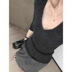 深灰色大领口羊毛修身打底衫毛衣女秋冬内搭可外穿小个子针织上衣