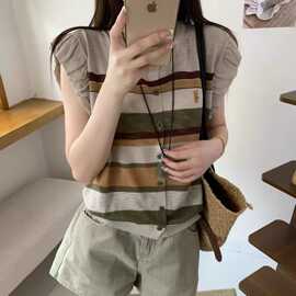 韩系刺绣撞色条纹圆领木耳边无袖针织衫开衫欧货夏季新款百搭上衣