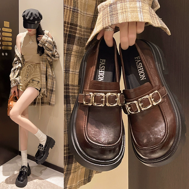 Женские лоферы оптом, осенние новые туфли из мягкой кожи с круглым носком на платформе и толстой подошве, универсальные маленькие кожаные туфли в британском стиле в стиле ретро