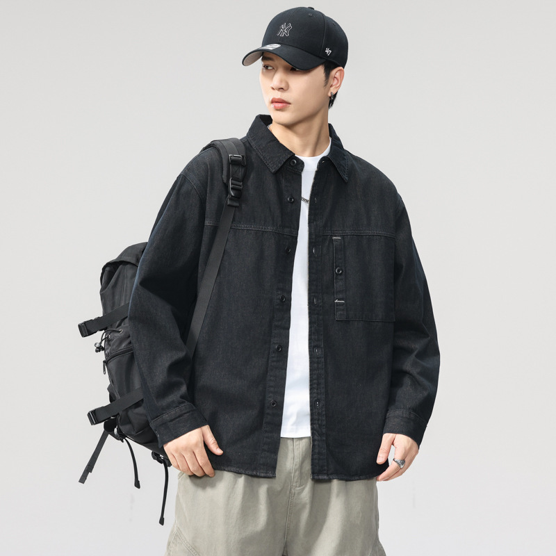 春秋款潮牌牛仔外套男士ins潮流宽松大码休闲工装上衣服秋季衬衫|undefined