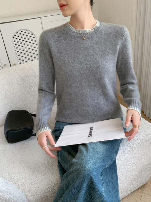 2025秋冬新款温柔软糯拼色山羊绒女加厚保暖毛衣圆领套头羊毛针织|undefined
