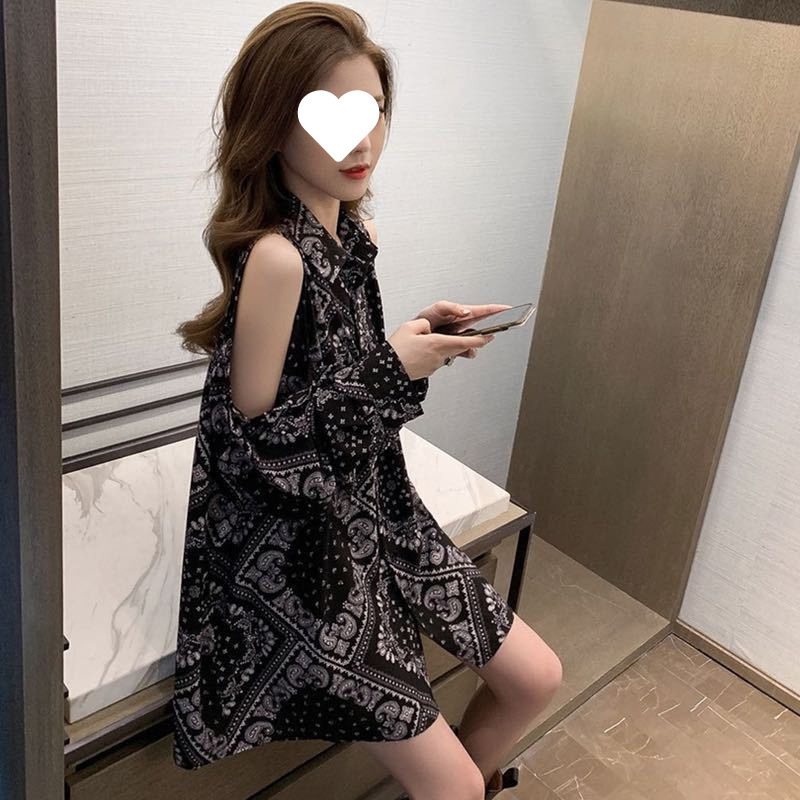 女性用長袖シャツ、夏の韓国風オフショルダーデザインプリントデザインニッチ薄手トップス|undefined