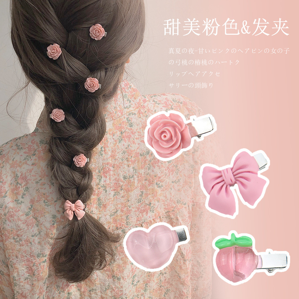 Sweet Pink bow Hairpin girl honey peach Clamp Camellia Duck clip Peach Edge clamp Hairdressing Headdress