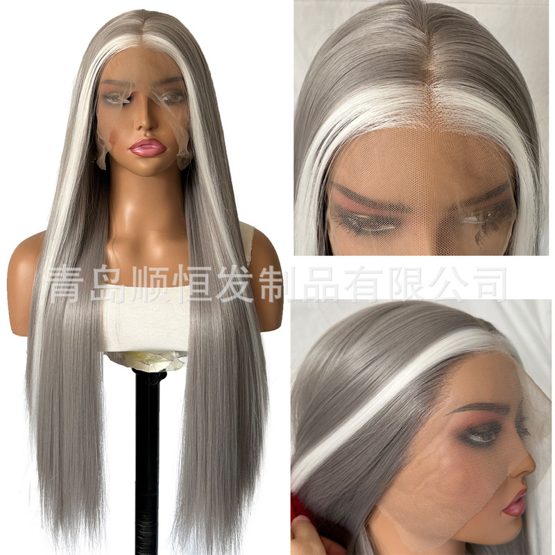 Cross-border wig women's long hair front lace 13*4 gray white long straight hair synthetic fiber matte high temperature silk full head cover
