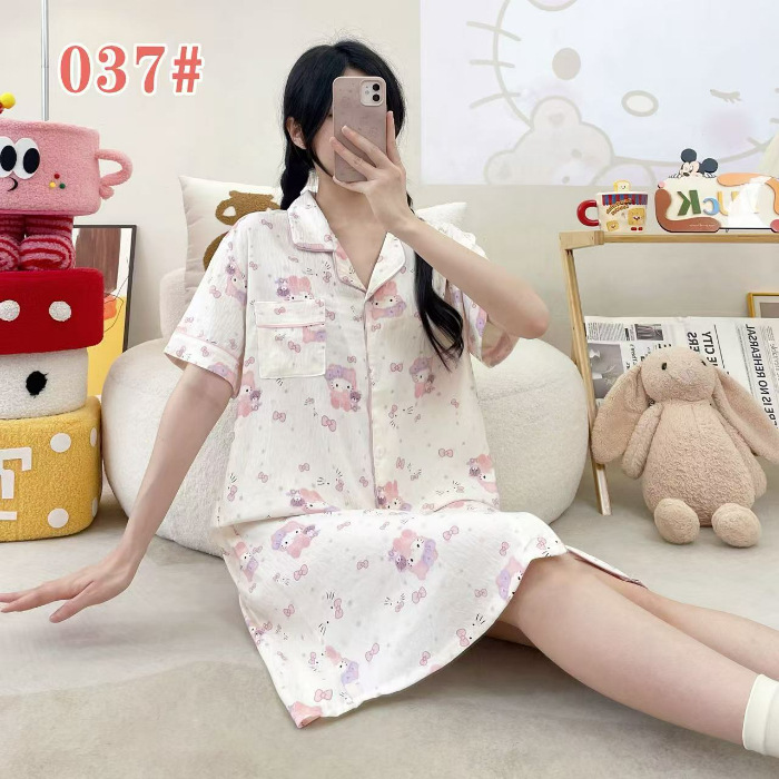 Pijama de verano de manga corta cardigan con solapa impresión de dibujos animados nubes de algodón dulce suelto medio largo vestido transfronterizo