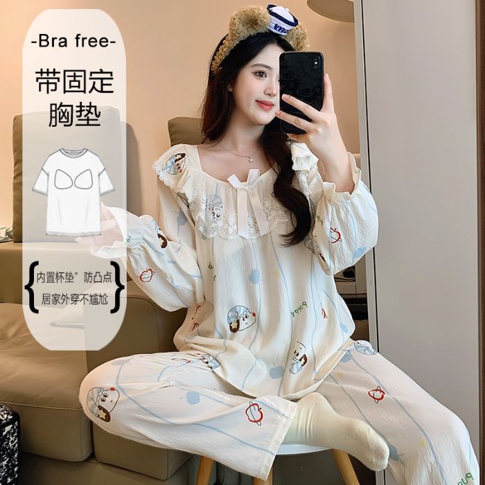 Al por mayor transfronterizo primavera y otoño nuevo pijama de mujer nube de algodón encaje cuello redondo hoodie mangas largas pantalones largos con cojín de pecho ropa para el hogar image 11