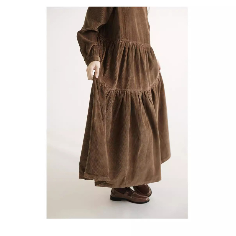 Corduroy Japanese Doll Collar Autumn Long Sleeve dress New Loose Slimming Simple A- line Dress Long Dress