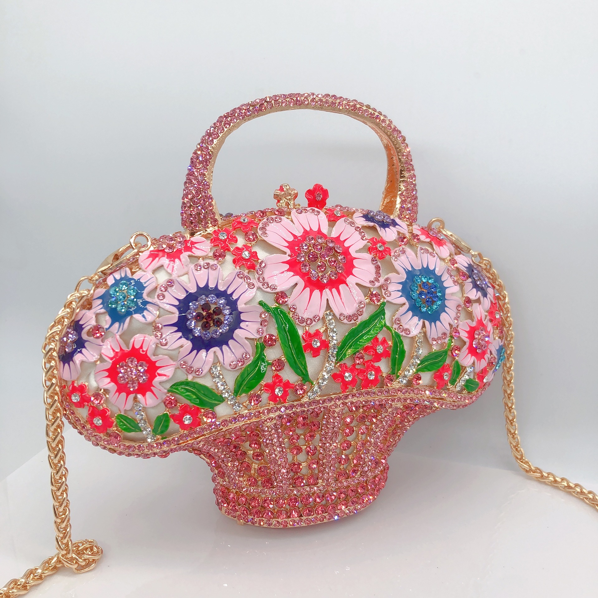 Túi clutch cầm tay giỏ hoa đính kim cương phong cách Hàn Quốc — Phấn màu/Hoa Hồng chi tiết 2