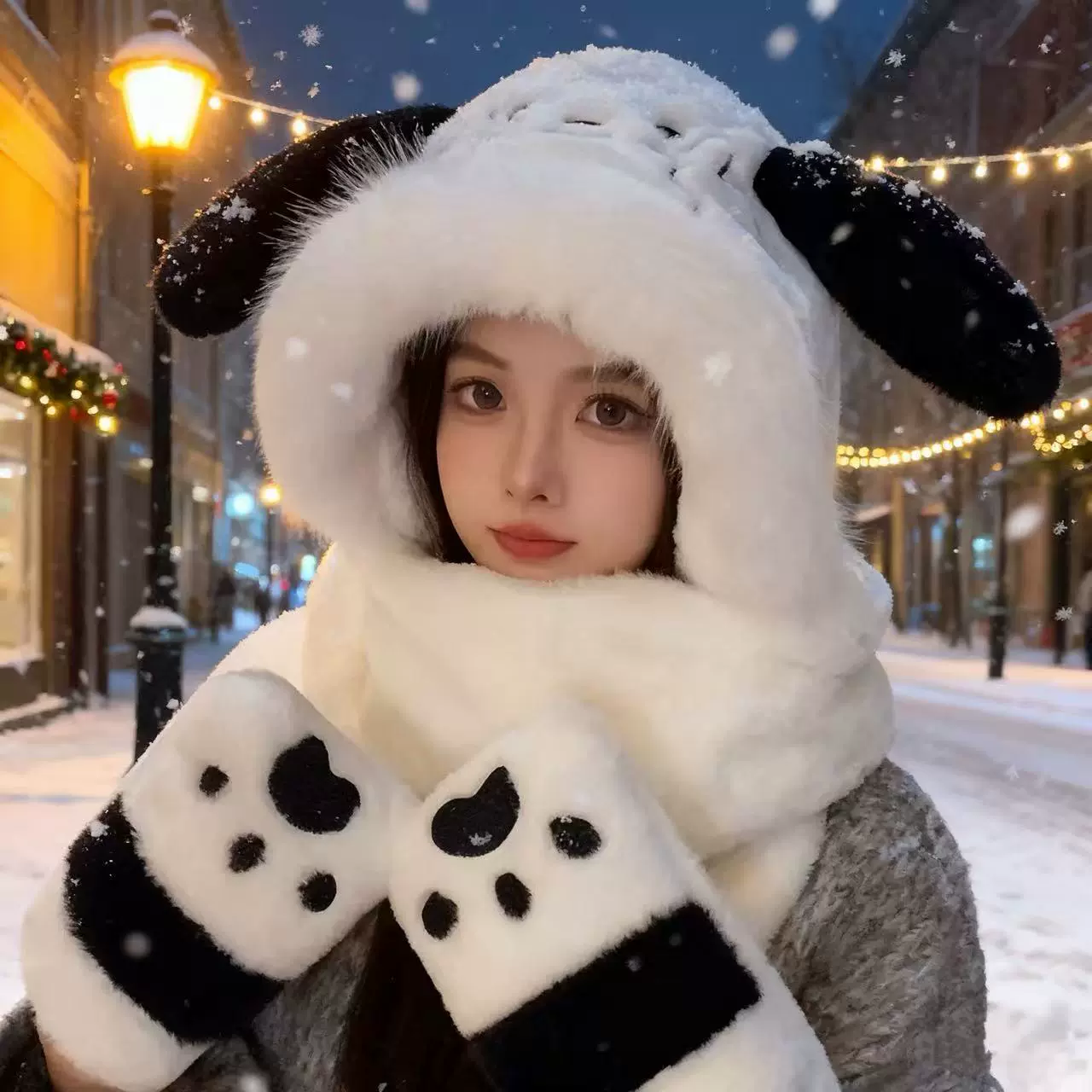 卡通小狗耳朵毛绒保暖三件套冬季防风围巾手套一体加绒加厚帽子女