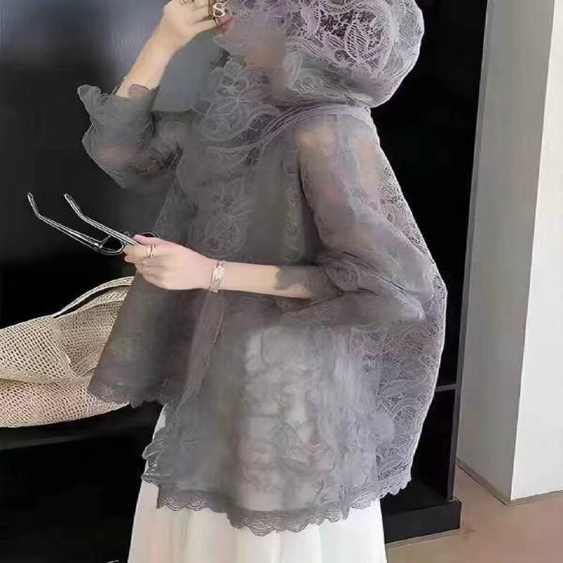 French-Style Romantic Gray Lace Crochet Sun-Protective Shirt for Women, New Stylish Semi-Transparent Design, Slimming Hooded Top for Summer