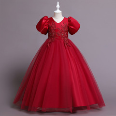 European and American Style Children's Formal Dress Fashion Long Dress Princess Bubblesleeve Net Gown V-neck Embroidered Bead Dress