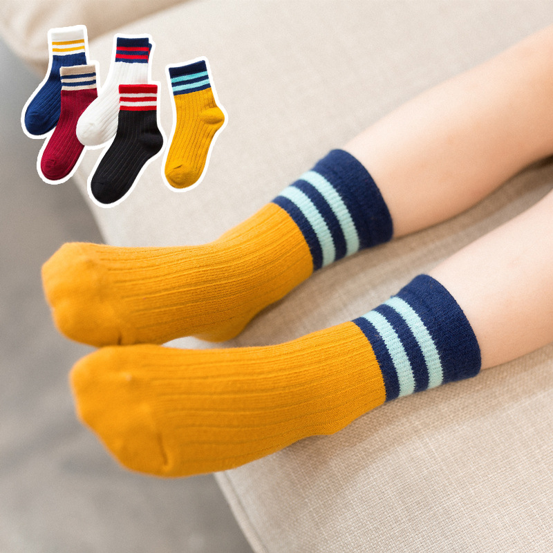 Kid's Socks Children Tube Socks Spring and Summer Tide Mid-Calf Length College Style Two Bars All-Matching Striped Students Autumn and Winter Sports Long Socks