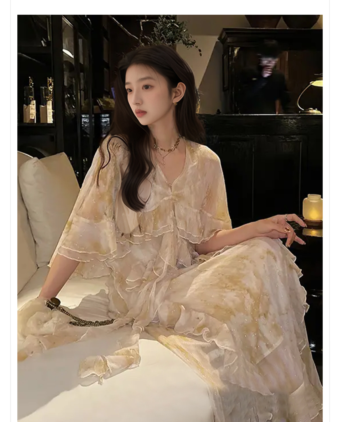 Đầm maxi nữ thắt eo họa tiết ombre cổ sen cách tân — Màu cam, Màu trắng be chi tiết 2