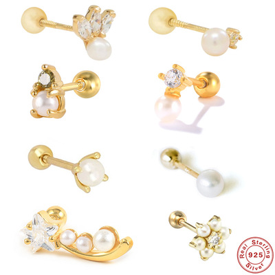 S925 Sterling Silver temperament Pearl Diamond temperament Earrings puncture Thread perforation Bone nail Earrings Jewelry