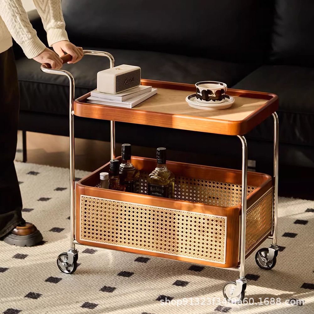 Solid Wood Mobile Trolley for Living Room, Sofa Side Table, Bedside Cabinet, Storage Rack for Snacks, Movable for Home Use