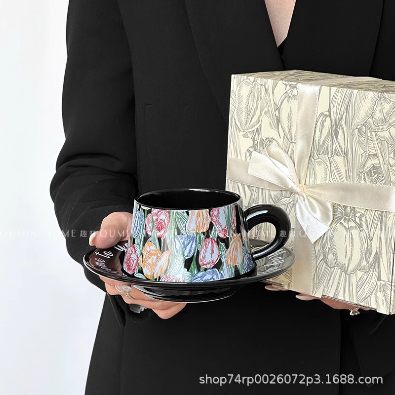 中世スタイルのチューリップコーヒーカップとソーサーセットホームオフィスアフタヌーンティーカップラテカップセラミックカップ|undefined