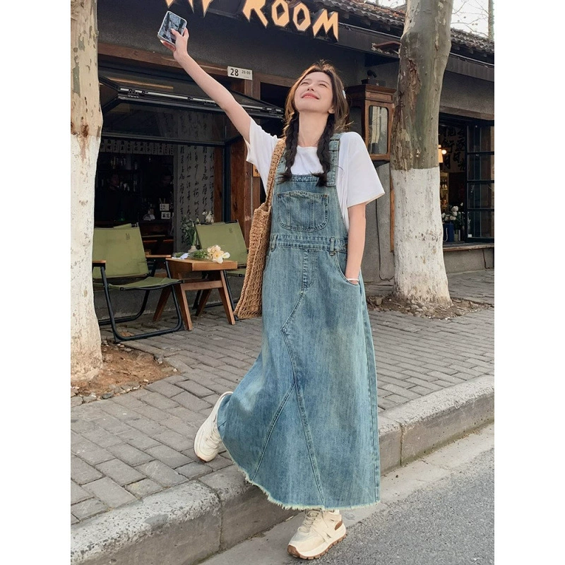 Гонконгский стиль ретро-джинсовый ремешок длинное платье женское лето новое корейское свободное иностранное платье