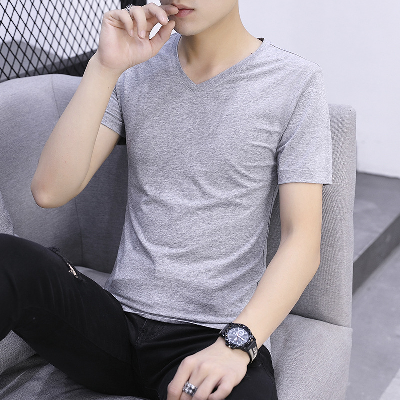 夏季V领纯棉短袖T恤鸡心领纯色男士宽松体恤衫工厂直销上衣服男装