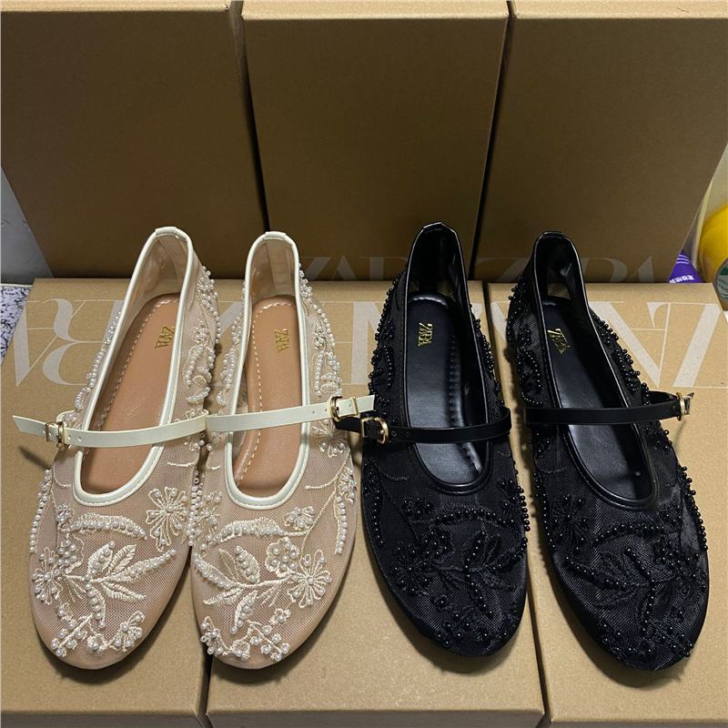 Za's 2025 Autumn New Women's Shoes Spanish Embroidery Low-Top Embroidered Mesh Flat Shoes Women's Wedding Shoes Low Heel