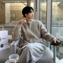 ASCLO极简亨利领麻花套头毛衣男秋冬慵懒保暖穿搭韩版宽松针织衫