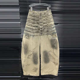 翎华纪2026春季新款多腰头牛仔裤女设计感时尚宽松弯刀裤阔腿长裤