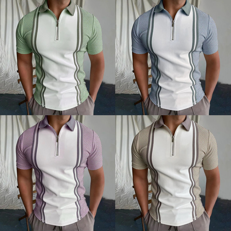 new independent station men's golf polo shirt patchwork striped short sleeve t-shirt top_voghion.com