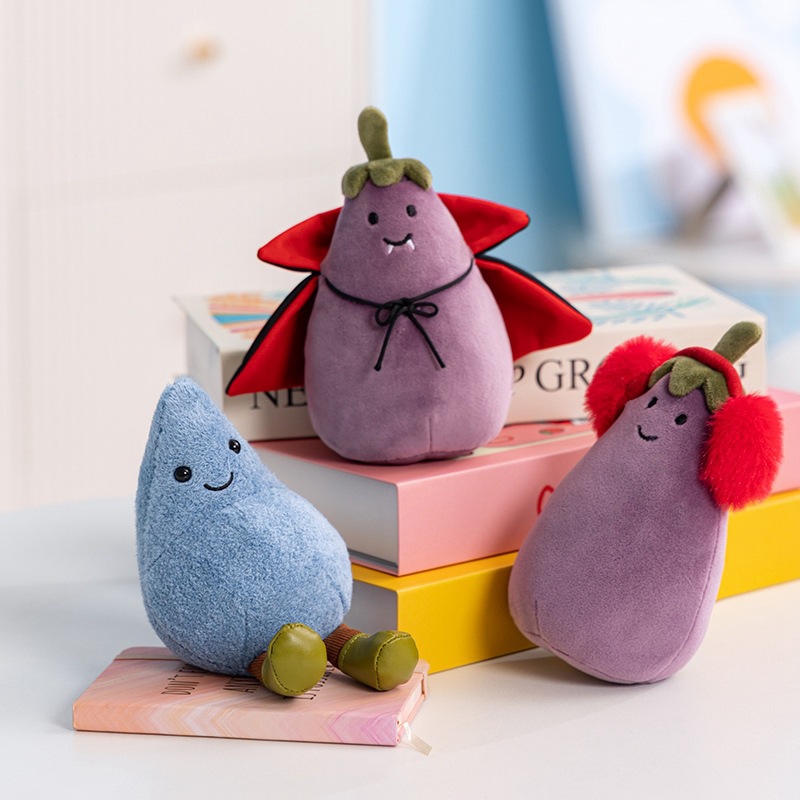 Divertido muñeco de gota de lluvia feliz muñeco muñeco de peluche orejeras de Halloween berenjena manta vampiro berenjena