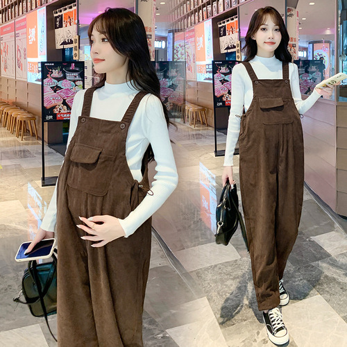 Pregnant women's adjustable belt pants spring and autumn petite corduroy adjustable belt pants with added thickness autumn and winter two-piece set stylish pregnant women's pants