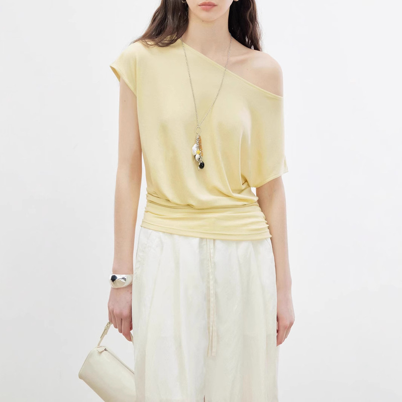 Fashionable Women's Lazy Skin-friendly Tencel Top Boat Collar Slant Shoulder Two-way Wear Micro-waist Pleated Small Flying Sleeve T-shirt