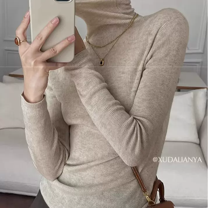 25新款高领精仿羊毛针织衫女士纯色套头软糯简约休闲慵懒打底上衣
