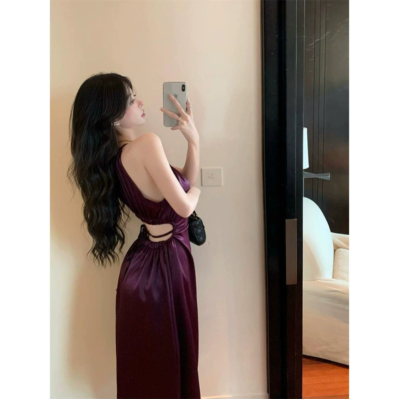 Женская одежда больших размеров, 150kg г., французское атласное платье без талии с воротником-хомутом, элитное платье в стиле королевской сестры на бретелях, длинная юбка