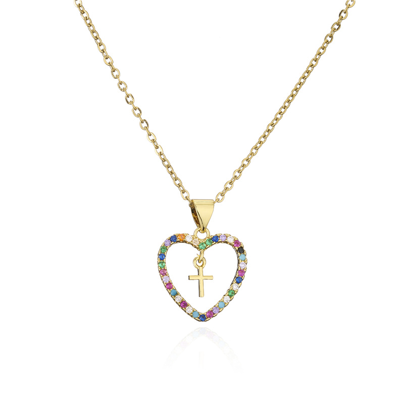 Fashion Copper Micro-inlaid Zircon Jewelry New Gold Heart Cross Pendant Necklace display picture 7