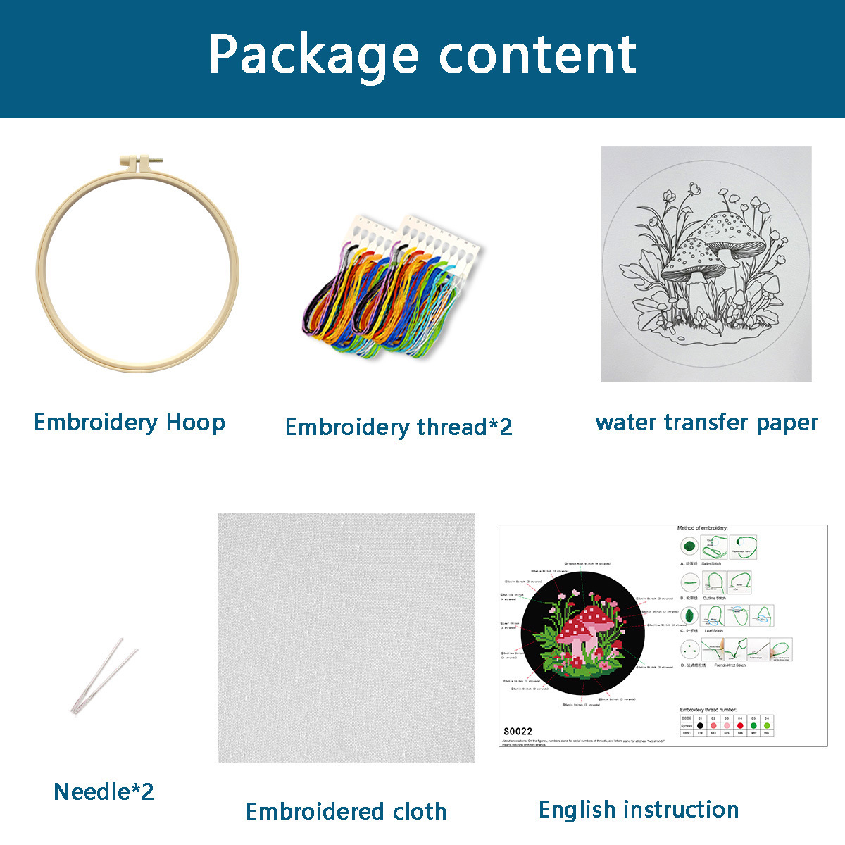 hongos de la noche (1 hoja de papel soluble en agua + tela de bordado blanco + cantidad suficiente de hilo de bordado + 20 cm de tela de bordado + dos agujas)