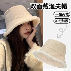子羊の毛の両面の漁師の帽子の女性の秋冬の百合の顔の小さい盆の帽子は厚くて暖かい防風の防寒のバケツの帽子を現します。