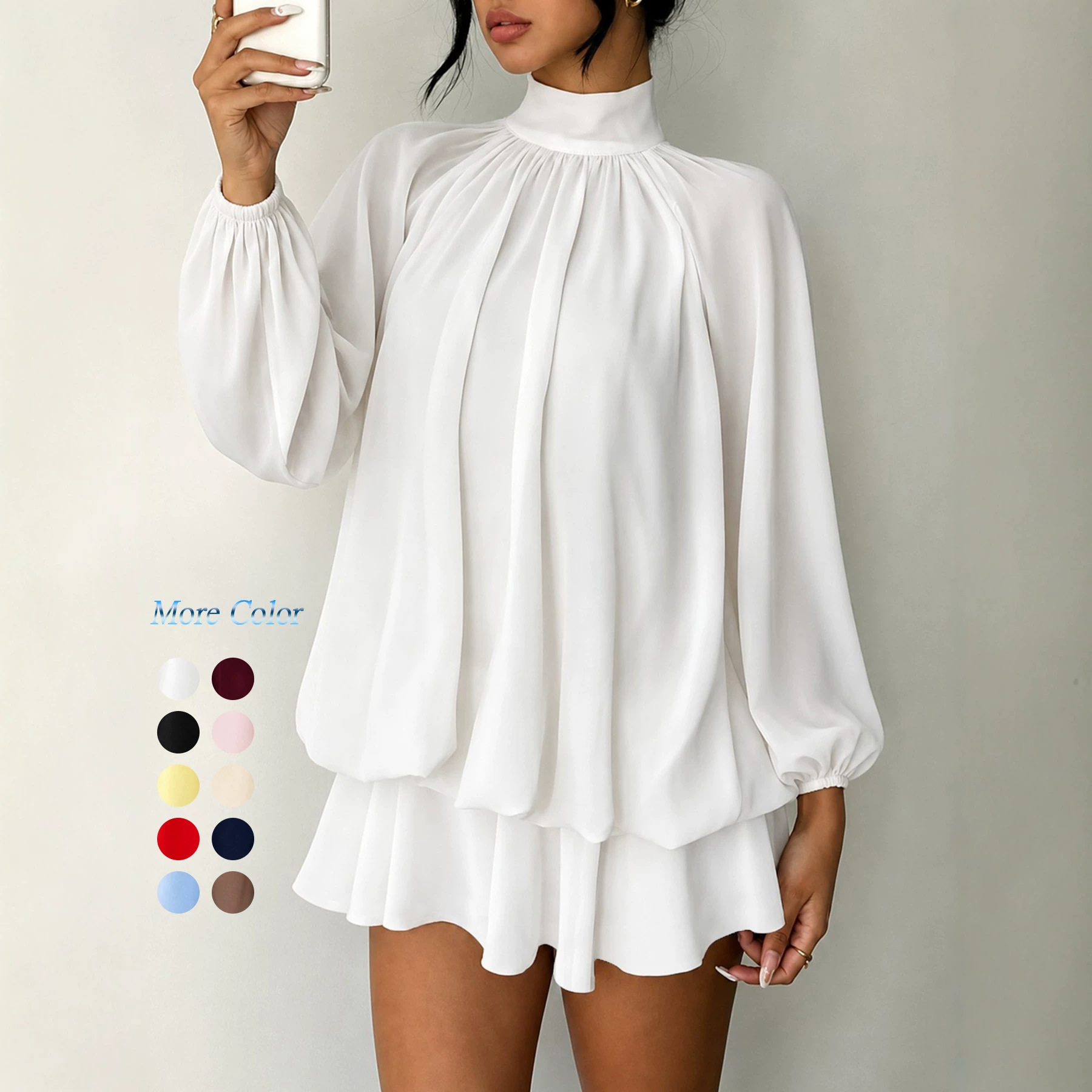 European and American foreign trade cross-border women's long-sleeve autumn and winter dresses, versatile, fashionable, slimming, solid color short dresses, in stock