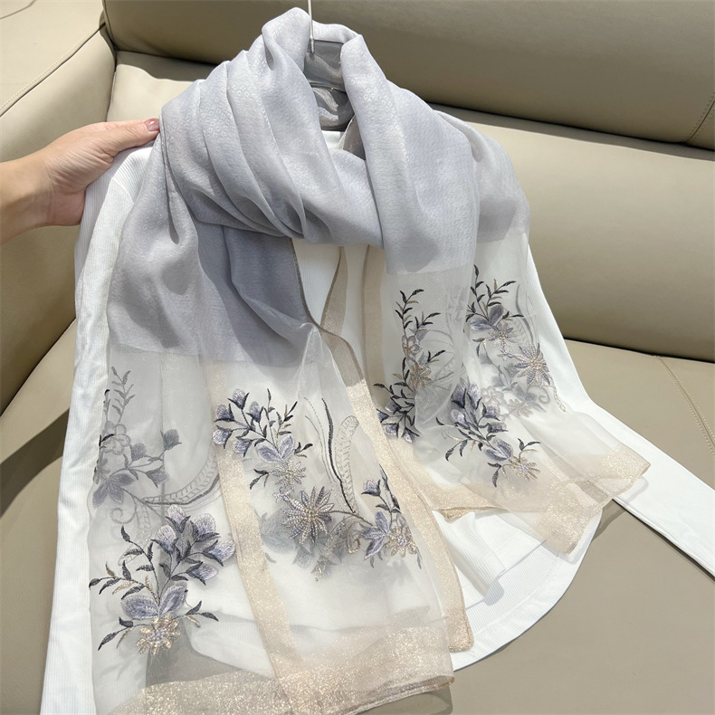 150g Weight Silk Scarf Classification Travel Occasion Polyester Material Flower Pattern Spring, Autumn Season Women's Gender Embroidery Design Elegant Style Women's Elegant Flower Polyester Embroidery Silk Scarf 8