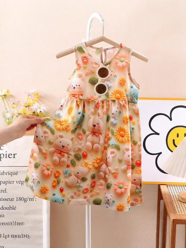 Girls 'dress Summer 5D printed sleeveless strap dress Girls' dress Feminine simple dress Princess dress